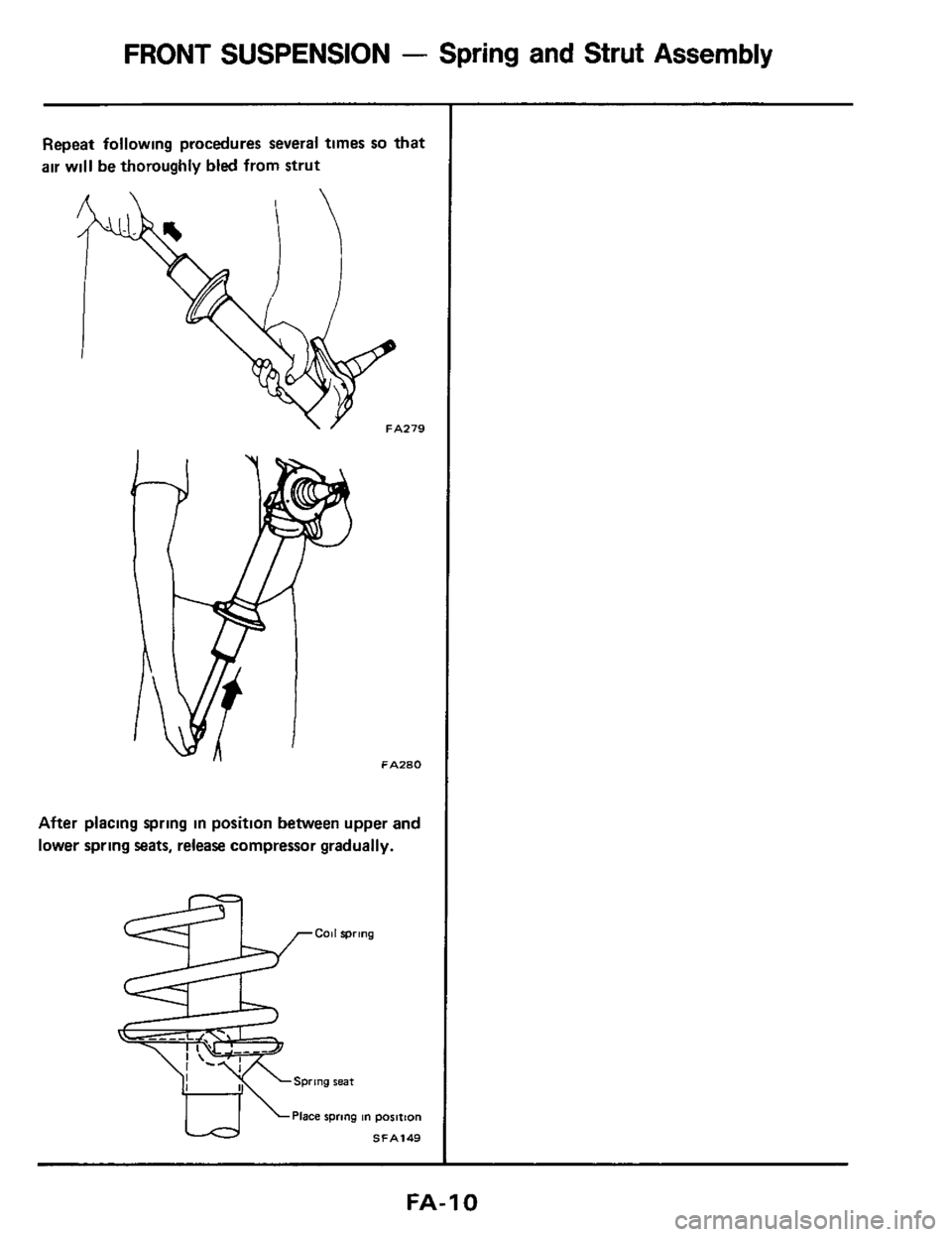NISSAN 300ZX 1984 Z31 Front Suspension Workshop Manual FRONT SUSPENSION - Spring and Strut Assembly 
Repeat  following procedures several times so that 
air  will  be thoroughly bled  from strut 
FA279 
FA280 
After  placing  spring in position  between u