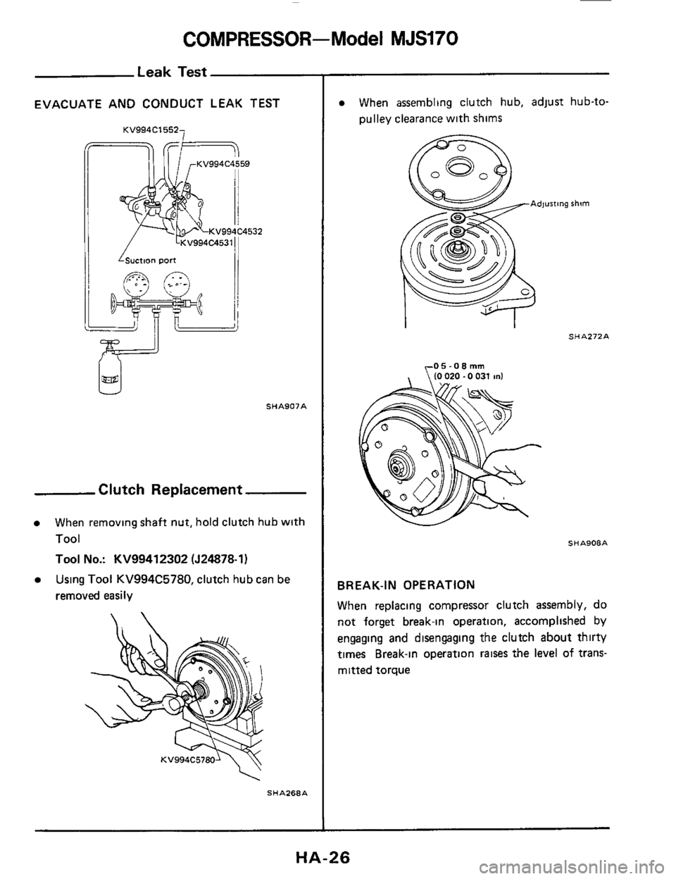 NISSAN 300ZX 1984 Z31 Heather And Air Conditioner Owners Manual COMPRESSOR-Model MJS170 
Leak Test 
EVACUATE  AND CONDUCT  LEAK TEST 
7 KV994C1552 
SHA907A 
Clutch  Replacement 
When removing  shaft nut, hold  clutch hub  with 
Tool 
Tool No.: KV99412302 (J24878-1