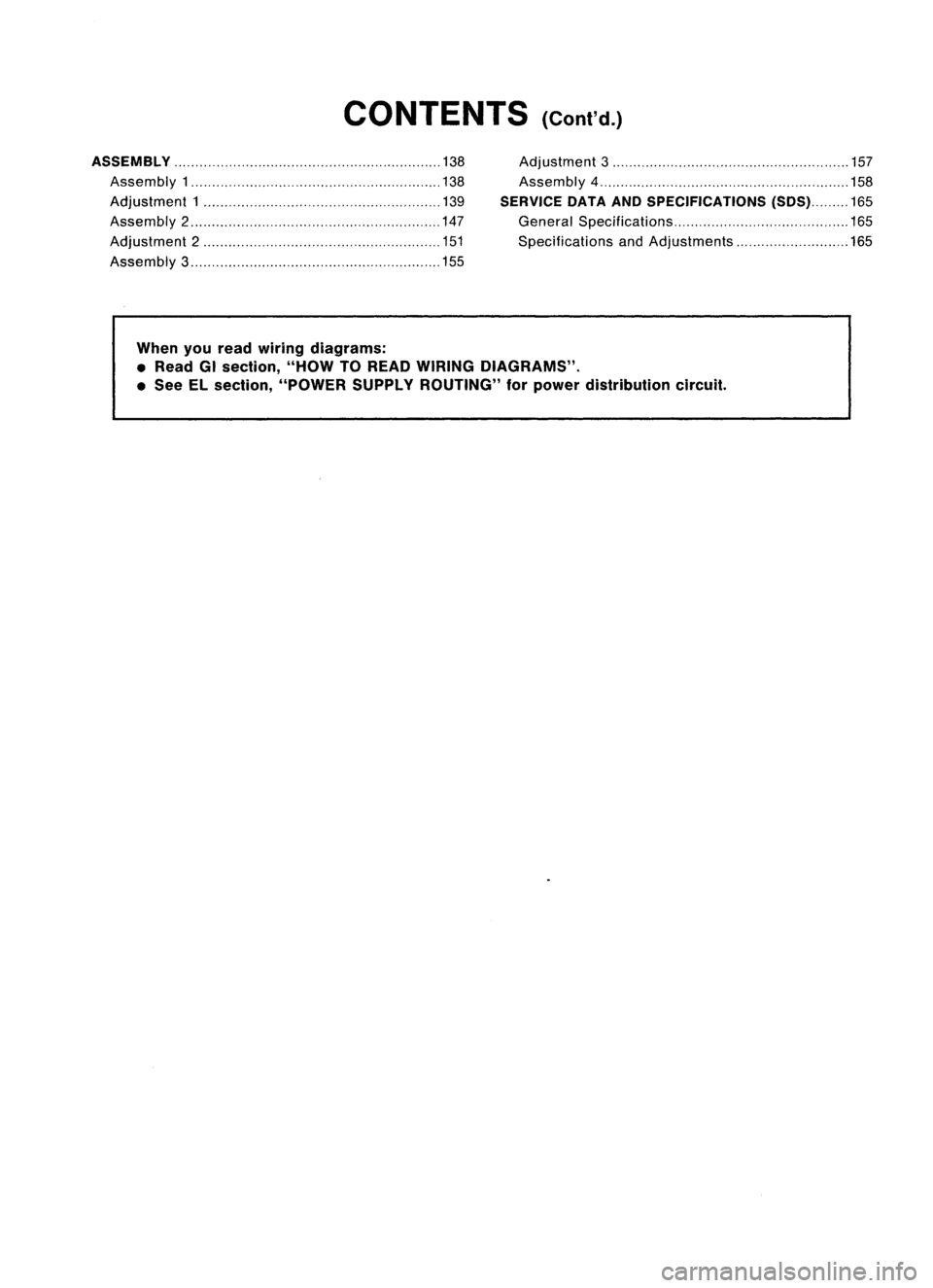 NISSAN ALMERA N15 1995  Service Manual CONTENTS(Cont'd.)
ASSEMBLy 138

Assembly 
1 138

Adjustment 
1 139

Assembly 2 147
Adjustment 
2 151

Assembly 
3 155
Adjustment

3 157

Assembly 
4 158
SERVICE DATAANDSPECIFICATIONS (SOS)165

Gen