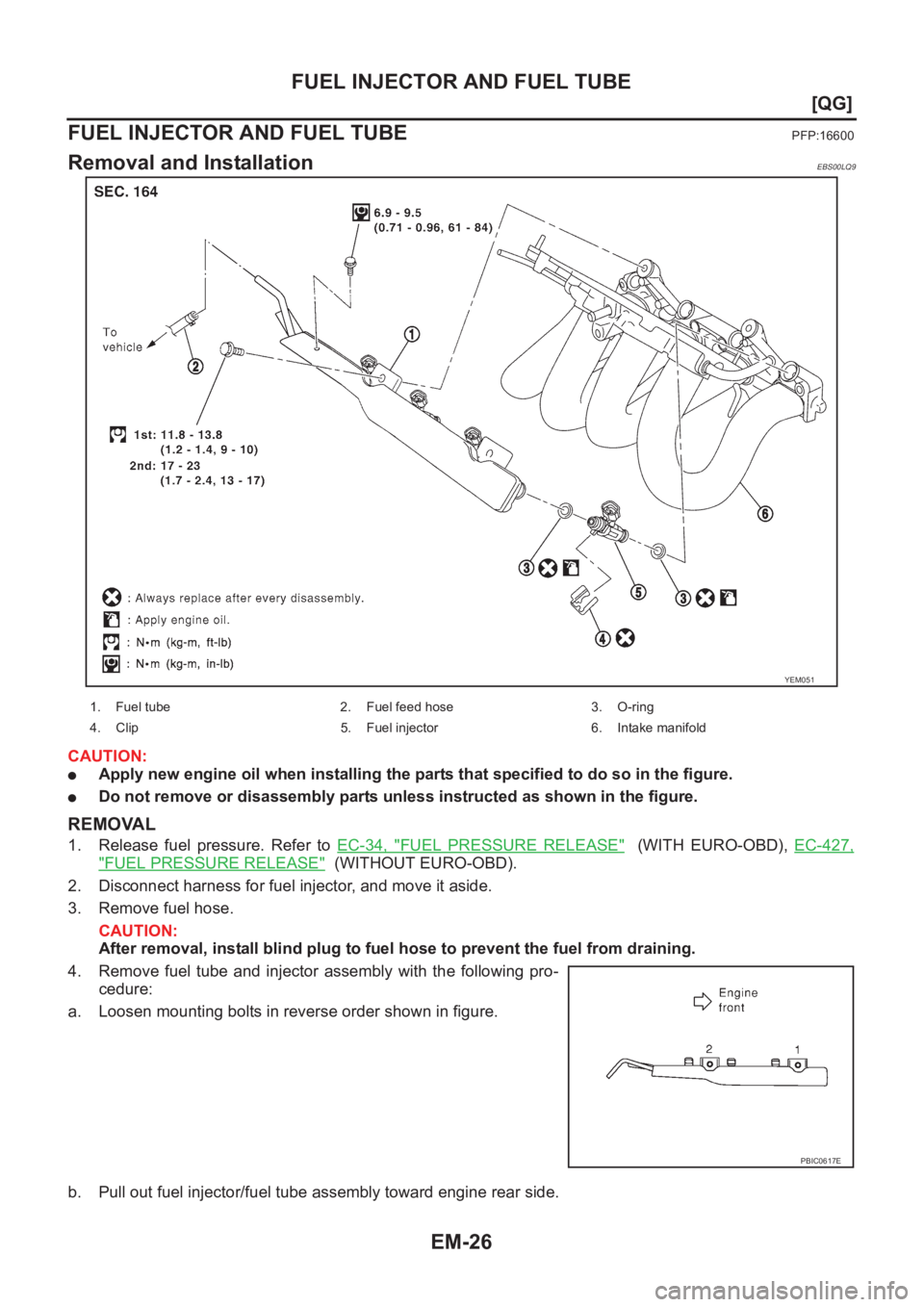 NISSAN ALMERA N16 2003  Electronic Repair Manual EM-26
[QG]
FUEL INJECTOR AND FUEL TUBE
FUEL INJECTOR AND FUEL TUBE
PFP:16600
Removal and InstallationEBS00LQ9
CAUTION:
●Apply new engine oil when installing the parts that specified to do so in the 