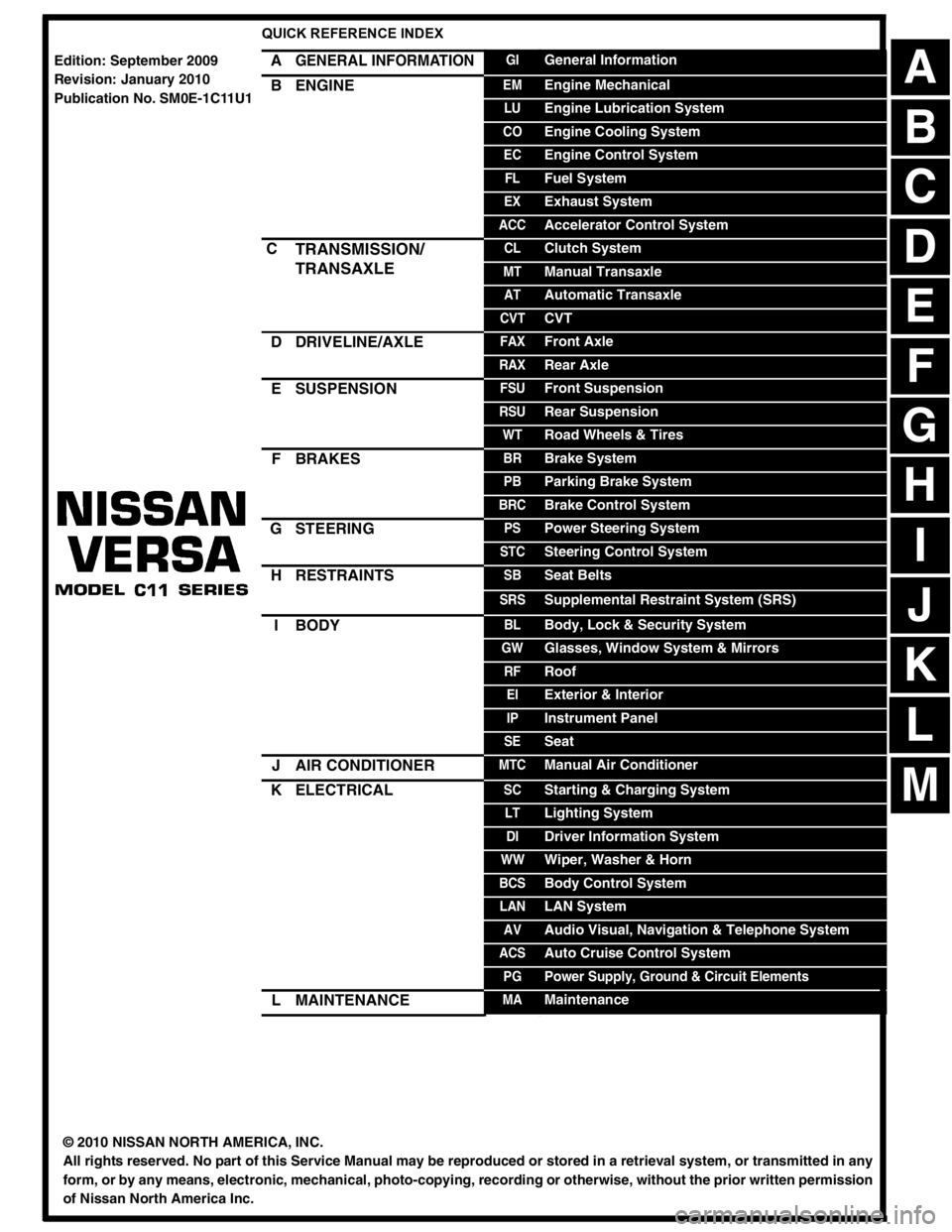 NISSAN LATIO 2010  Service Repair Manual 
-1
QUICK REFERENCE INDEX 
AGENERAL INFORMATIONGIGeneral Information
BENGINEEMEngine Mechanical
LUEngine Lubrication System
COEngine Cooling System
ECEngine Control System
FLFuel System
EXExhaust Syst
