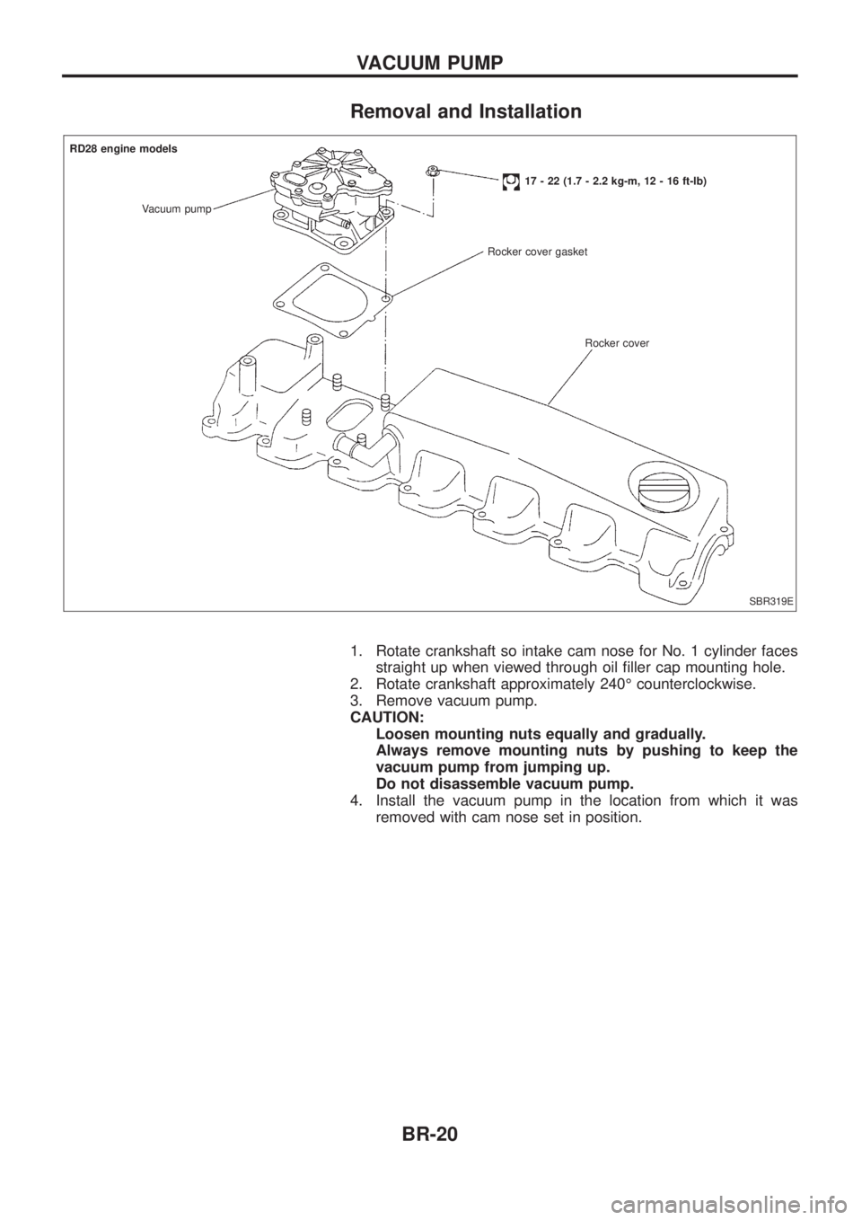 NISSAN PATROL 2006  Service Manual Removal and Installation
1. Rotate crankshaft so intake cam nose for No. 1 cylinder facesstraight up when viewed through oil ®ller cap mounting hole.
2. Rotate crankshaft approximately 240É counterc