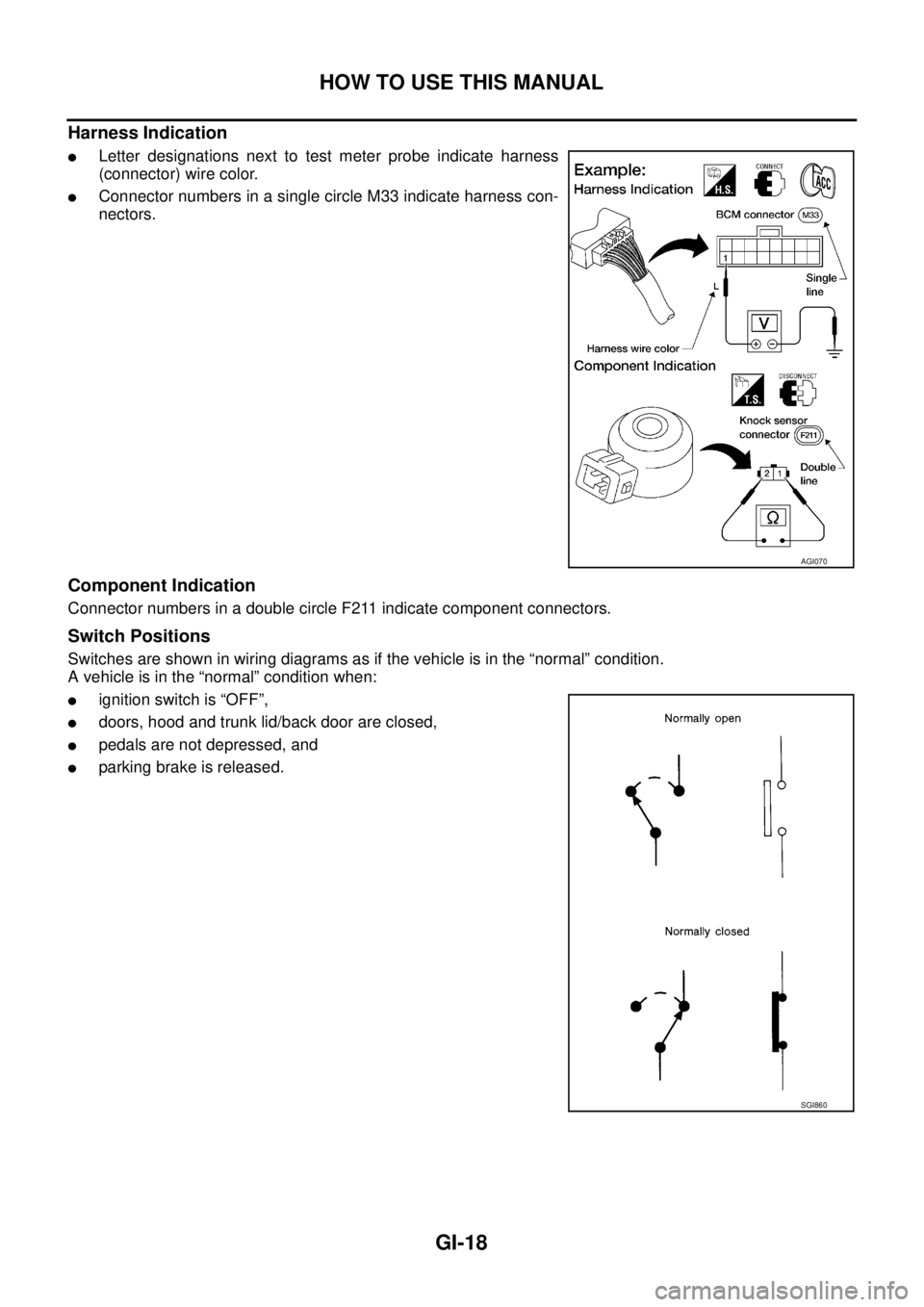 NISSAN X-TRAIL 2003  Service Repair Manual GI-18
HOW TO USE THIS MANUAL
 
Harness Indication 
Letter designations next to test meter probe indicate harness
(connector) wire color.
Connector numbers in a single circle M33 indicate harness con