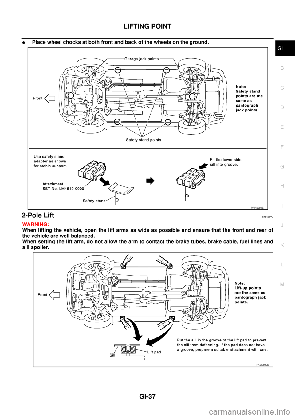 NISSAN X-TRAIL 2003  Service Repair Manual LIFTING POINT
GI-37
C
D
E
F
G
H
I
J
K
L
MB
GI
 
Place wheel chocks at both front and back of the wheels on the ground.
2-Pole Lift EAS000FJ
WARNING:
When lifting the vehicle, open the lift arms as wi