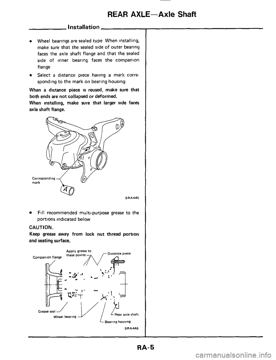 NISSAN 300ZX 1984 Z31 Rear Suspension Workshop Manual REAR AXLE-Axle Shaft 
Installation 
Wheel bearings are  sealed type When  installing, 
make  sure that 
the sealed  side of outer  bearing 
faces  the axle  shaft  flange  and that  the sealed 
side  