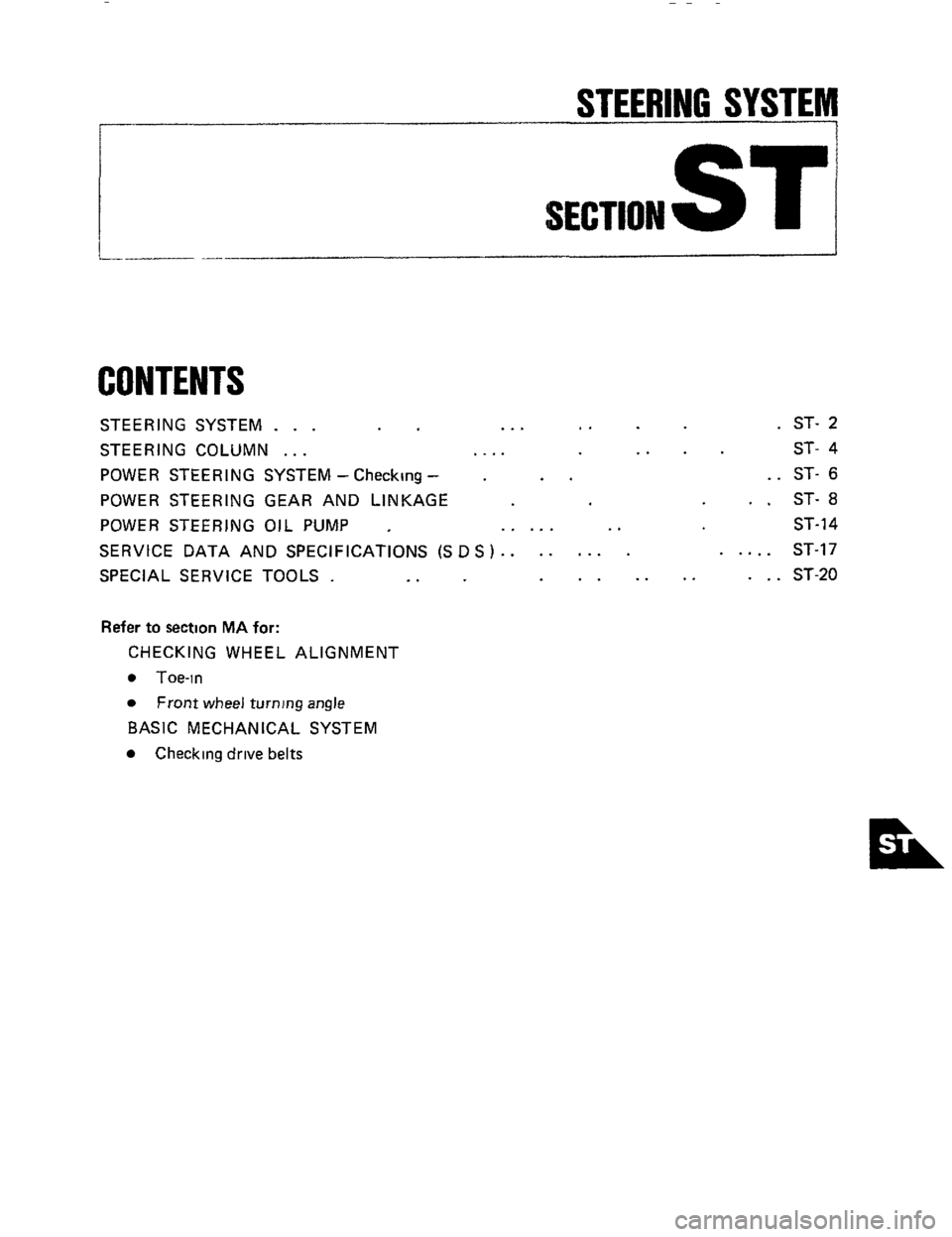 NISSAN 300ZX 1984 Z31 Steering System Workshop Manual STEERING SYSTEM 
I--- 
SECTION ST 
CONTENTS 
STEERING  SYSTEM .  .  . ... .. 
STEERING  COLUMN . . . .... .. 
POWER STEERING  SYSTEM -Checking - . .. 
POWER STEERING  GEAR AND LINKAGE 
POWER  STEERING