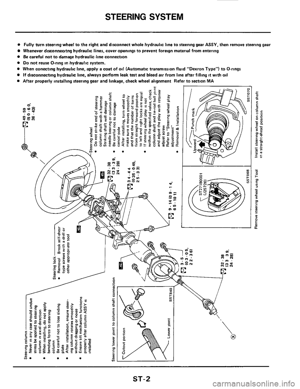 NISSAN 300ZX 1984 Z31 Steering System Workshop Manual STEERING SYSTEM 
a Fully turn steering wheel to the  right  and disconnect whole  hydraulic line to steering  gear ASSY.  then remove steering  gear 
Whenever dirconnecitng hydraulic  lines, cover  op