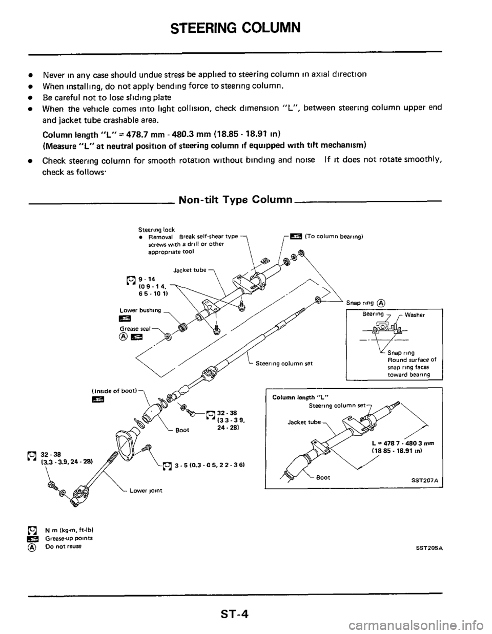 NISSAN 300ZX 1984 Z31 Steering System Workshop Manual STEERING COLUMN 
Never in any  case  should  undue stress be applied  to steering  column in axial  direction 
When  installing,  do not  apply  bending  force to steering  column. 
Be careful not to 