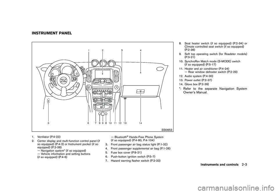 NISSAN 370Z ROADSTER 2011  Owners Manual Black plate (61,1)
Model "Z34-D" EDITED: 2010/ 7/ 27
SSI0653
1. Ventilator (P.4-23)
2. Center display and multi-function control panel (ifso equipped) (P.4-2) or Instrument pocket (if so
equipped) (P.