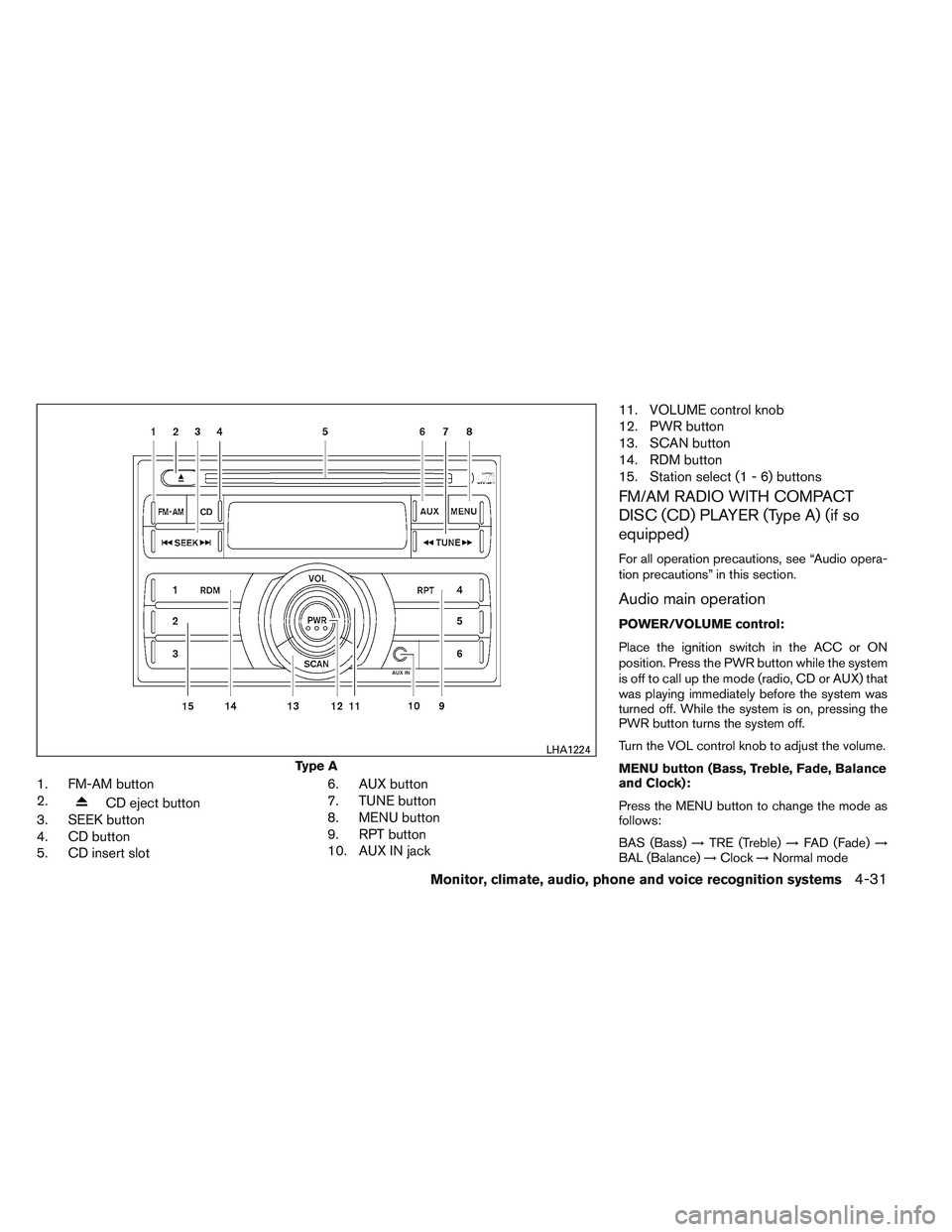 NISSAN VERSA 2014  Owners Manual 1. FM-AM button
2.
CD eject button
3. SEEK button
4. CD button
5. CD insert slot 6. AUX button
7. TUNE button
8. MENU button
9. RPT button
10. AUX IN jack11. VOLUME control knob
12. PWR button
13. SCA