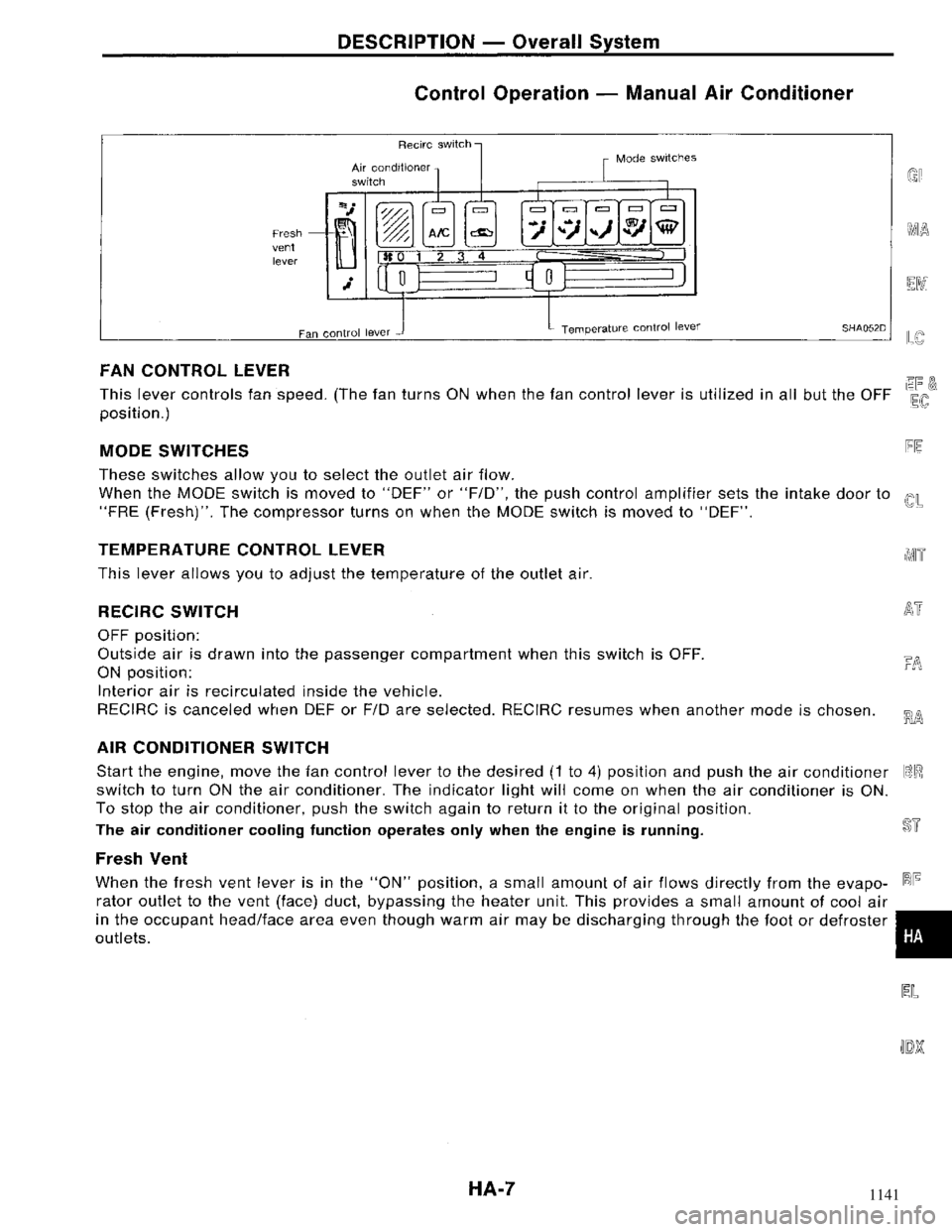 NISSAN MAXIMA 1994 A32 / 4.G Heather And Air Conditioner Workshop Manual 1141 