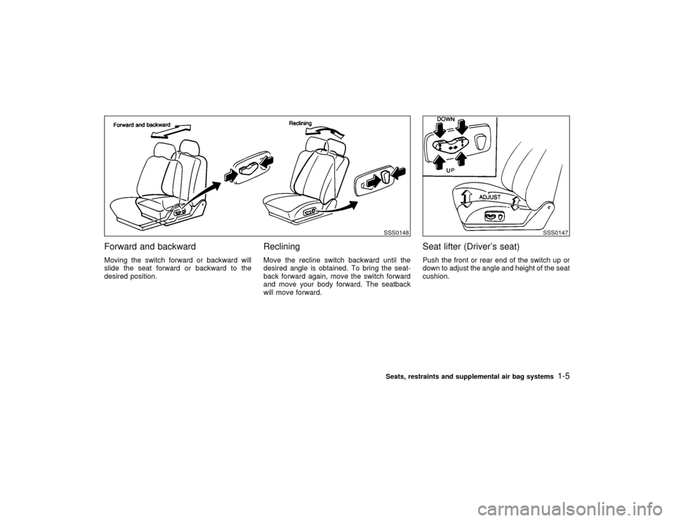 NISSAN MAXIMA 2000 A33 / 5.G Owners Manual Forward and backwardMoving the switch forward or backward will
slide the seat forward or backward to the
desired position.
RecliningMove the recline switch backward until the
desired angle is obtained