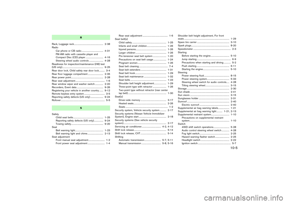 NISSAN PATHFINDER 2004 R50 / 2.G Owners Manual R
Rack, Luggage rack.................................................. 2-38
Radio
Car phone or CB radio ..................................... 4-31
FM-AM radio with cassette player and
Compact Disc (CD