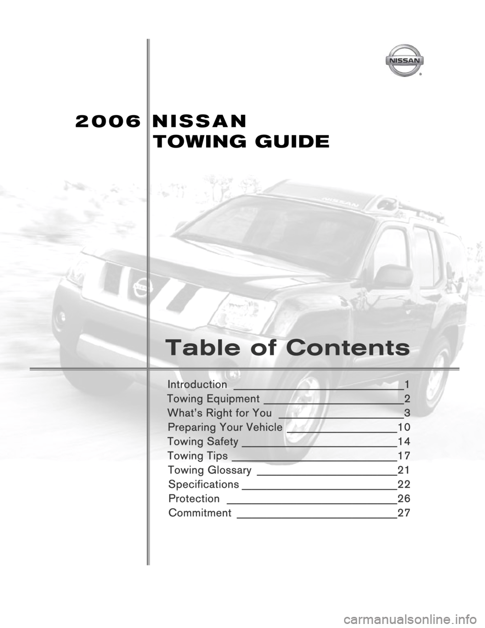NISSAN SENTRA 2006 B15 / 5.G Towing Guide  
 
 
 
 
 
 
 
 
 
 
 
 
 
 
 
 
 
 
 
 
 
Table of Contents 
 
Introduction __________________________________1 
Towing Equipment
 ____________________________2 
What’s Right for You
 ____________