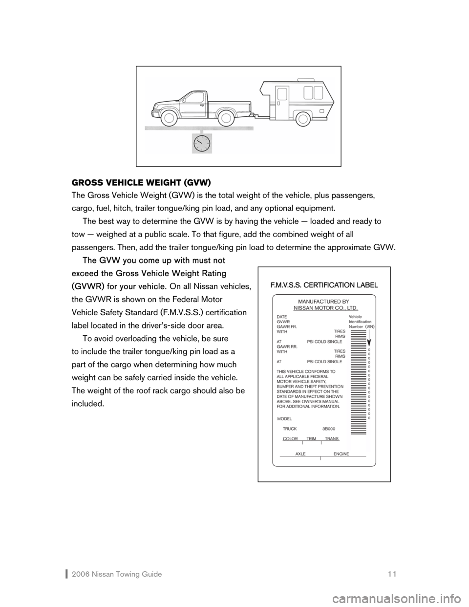 NISSAN FRONTIER 2006 D22 / 1.G Towing Guide  
 2006 Nissan Towing Guide    11  
 
 
 
 
 
  
 
 
 
GROSS VEHICLE WEIGHT (GVW) 
The Gross Vehicle Weight (GVW) is the total weight of the vehicle, plus passengers, 
cargo, fuel, hitch, trailer tong