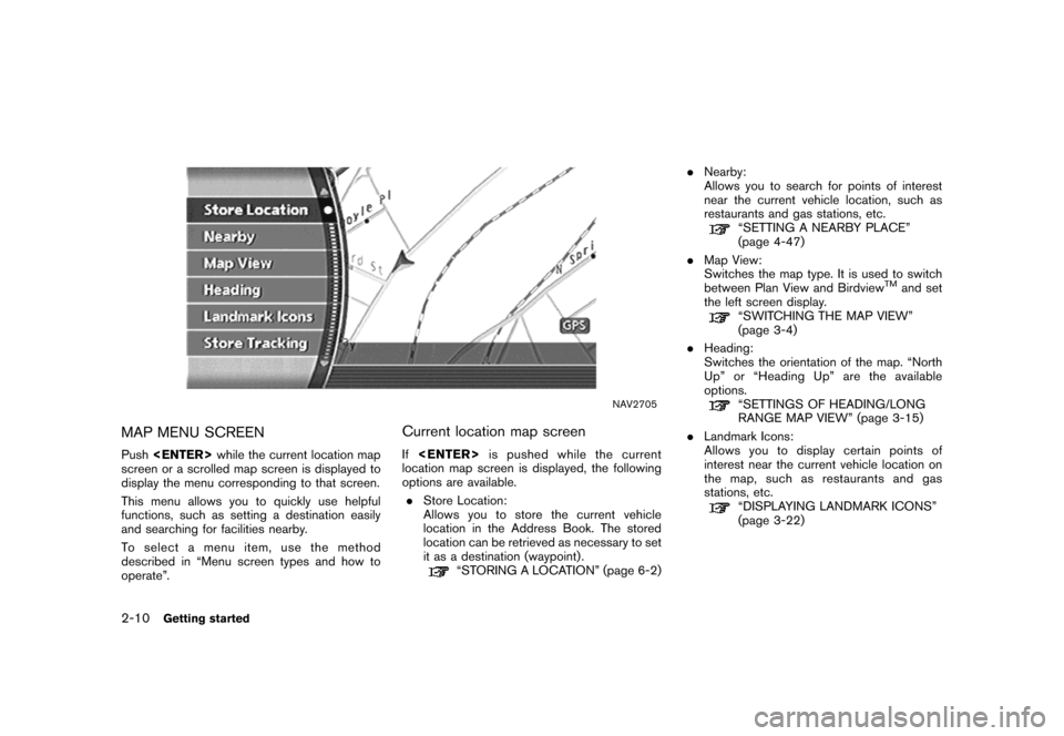 NISSAN TITAN 2007 1.G Navigation Manual NAV2705
MAP MENU SCREEN
Push<ENTER>while the current location map
screen or a scrolled map screen is displayed to
display the menu corresponding to that screen.
This menu allows you to quickly use hel