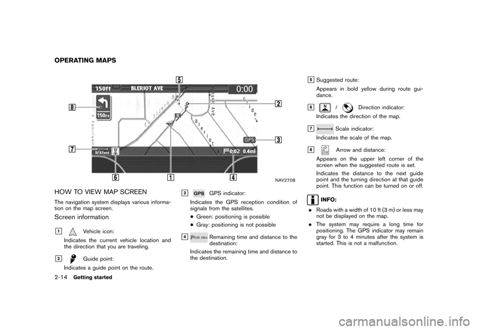 NISSAN TITAN 2007 1.G Navigation Manual NAV2708
HOW TO VIEW MAP SCREEN
The navigation system displays various informa-
tion on the map screen.
Screen information
&1Vehicle icon:
Indicates the current vehicle location and
the direction that 