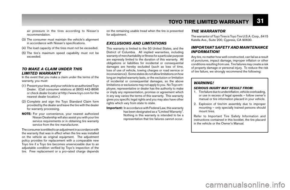 NISSAN XTERRA 2007 N50 / 2.G Warranty Booklet 31
THE WARRANTOR
The warrantor of Toyo Tires is Toyo Tire U.S.A. Corp., 6415 
Katella Ave., Suite 200, Cypress, CA 90630.
IMPORTANT SAFETY AND MAINTENANCE 
INFORMATION!
Any tire, no matter how well co