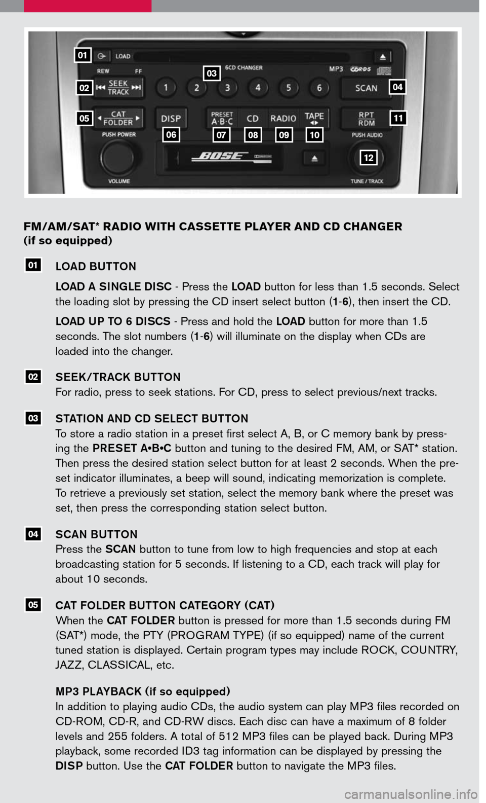 NISSAN MURANO 2007 1.G Quick Reference Guide 
LOAD BUTTON
LOAD A SINGLE DISC - Press the LOAD button for less than 1.5 seconds. Select 
the loading slot by pressing the CD insert select button (1-6), then insert the CD.
LOAD UP TO 6 DISCS - Pres