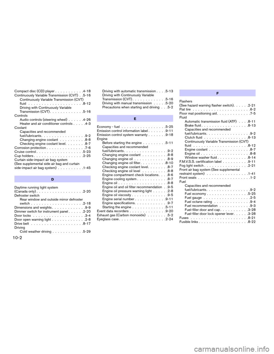 NISSAN VERSA 2007 1.G Owners Manual Compact disc (CD) player...........4-18
Continuously Variable Transmission (CVT) . .5-16
Continuously Variable Transmission (CVT)
fluid.....................8-12
Driving with Continuously Variable
Tran