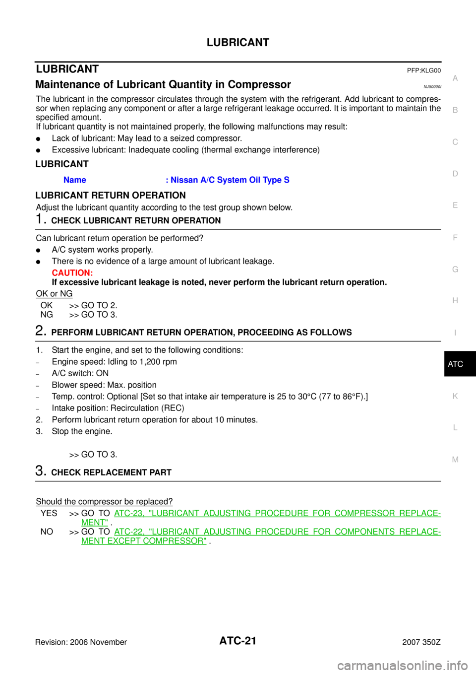 NISSAN 350Z 2007 Z33 Automatic Air Conditioner Workshop Manual LUBRICANT
ATC-21
C
D
E
F
G
H
I
K
L
MA
B
AT C
Revision: 2006 November2007 350Z
LUBRICANTPFP:KLG00
Maintenance of Lubricant Quantity in CompressorNJS0000I
The lubricant in the compressor circulates thro