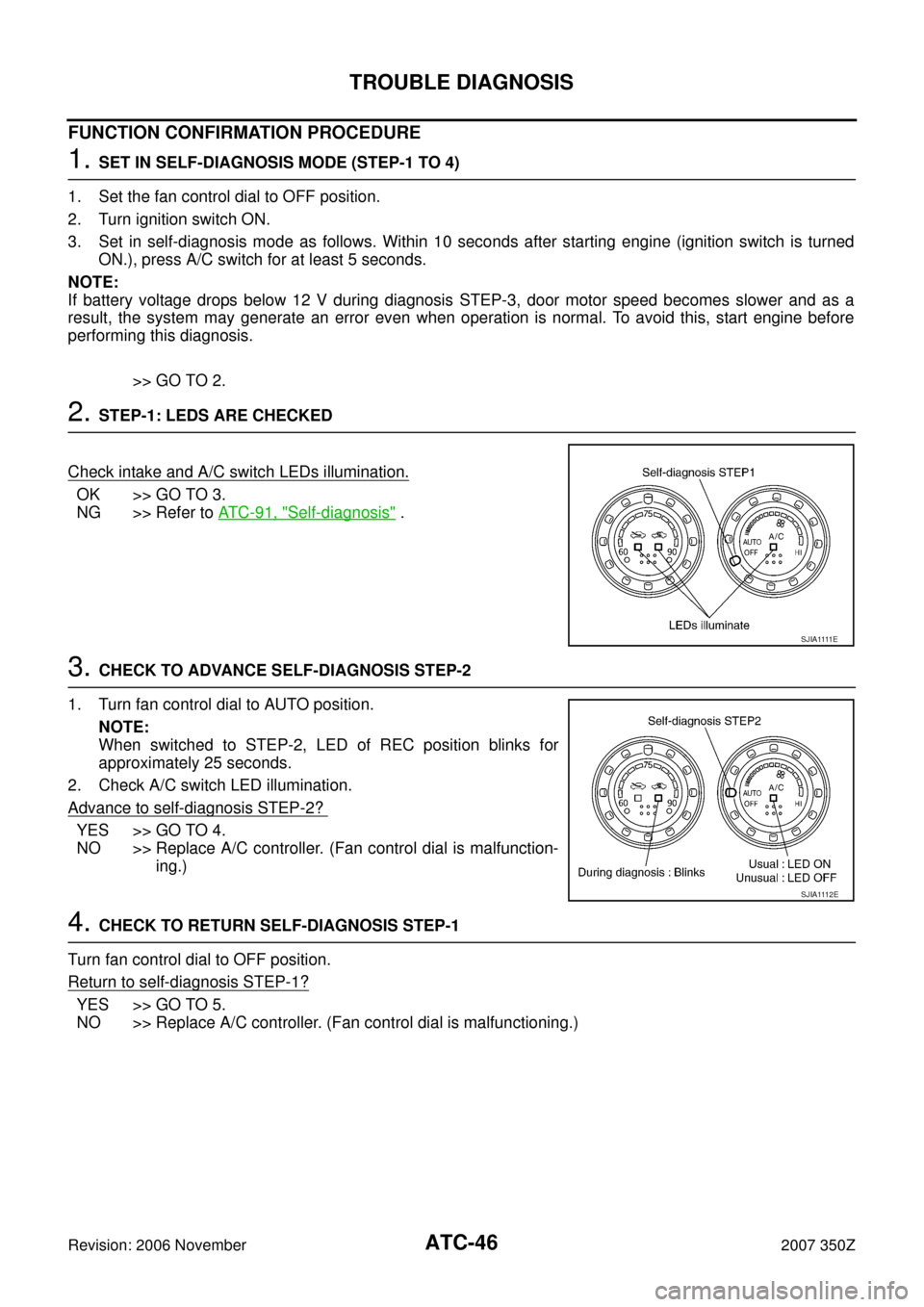NISSAN 350Z 2007 Z33 Automatic Air Conditioner Workshop Manual ATC-46
TROUBLE DIAGNOSIS
Revision: 2006 November2007 350Z
FUNCTION CONFIRMATION PROCEDURE
1. SET IN SELF-DIAGNOSIS MODE (STEP-1 TO 4)
1. Set the fan control dial to OFF position.
2. Turn ignition swit
