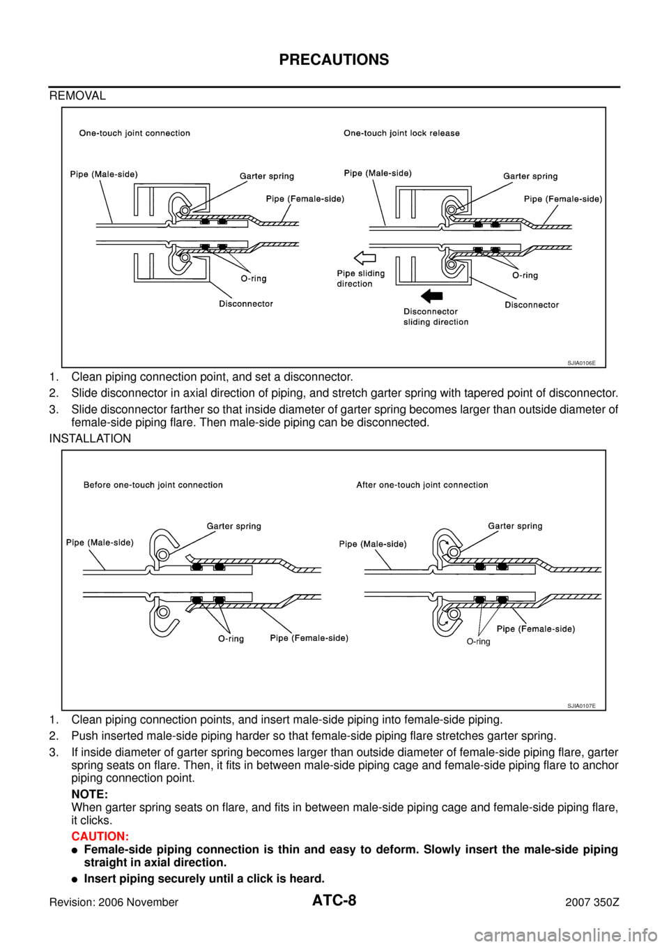 NISSAN 350Z 2007 Z33 Automatic Air Conditioner Workshop Manual ATC-8
PRECAUTIONS
Revision: 2006 November2007 350Z
REMOVAL
1. Clean piping connection point, and set a disconnector.
2. Slide disconnector in axial direction of piping, and stretch garter spring with 