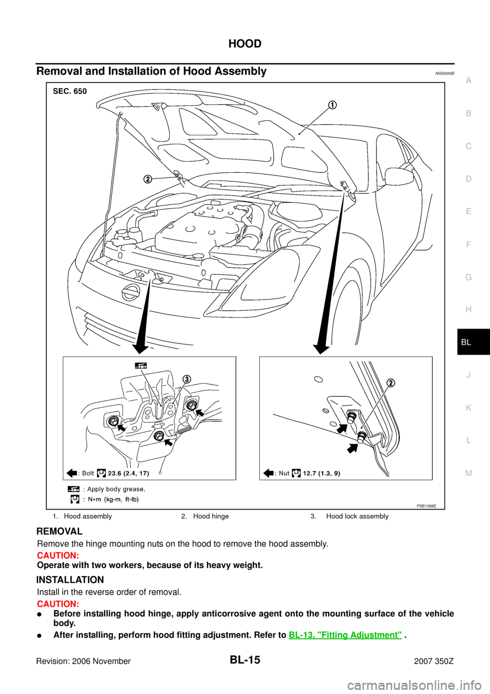 NISSAN 350Z 2007 Z33 Body, Lock And Security System User Guide HOOD
BL-15
C
D
E
F
G
H
J
K
L
MA
B
BL
Revision: 2006 November2007 350Z
Removal and Installation of Hood AssemblyNIS0000B
REMOVAL
Remove the hinge mounting nuts on the hood to remove the hood assembly.

