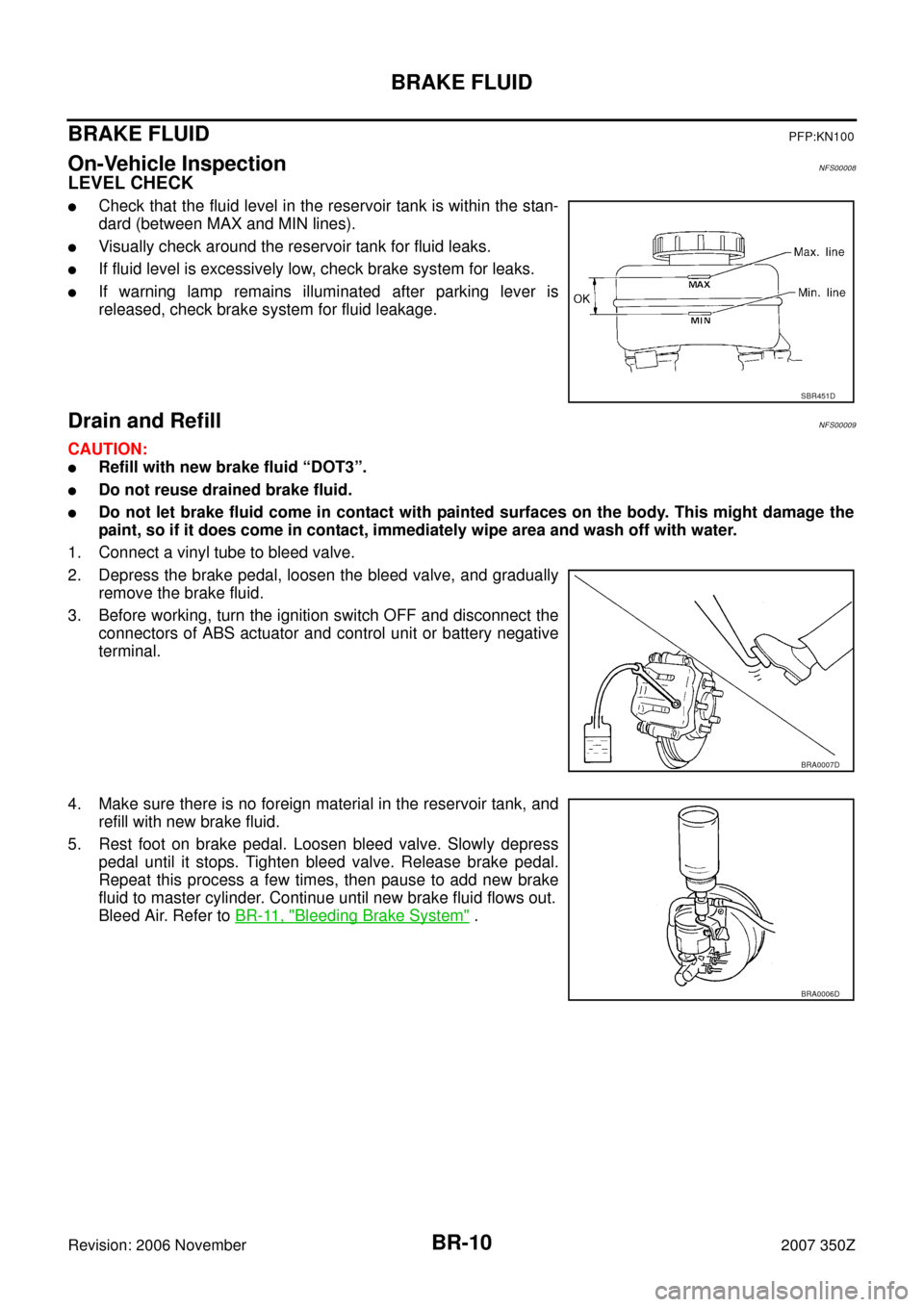 NISSAN 350Z 2007 Z33 Brake System Workshop Manual BR-10
BRAKE FLUID
Revision: 2006 November2007 350Z
BRAKE FLUIDPFP:KN100
On-Vehicle InspectionNFS00008
LEVEL CHECK
Check that the fluid level in the reservoir tank is within the stan-
dard (between MA