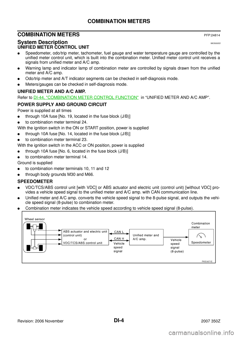 NISSAN 350Z 2007 Z33 Driver Information Manual DI-4
COMBINATION METERS
Revision: 2006 November2007 350Z
COMBINATION METERSPFP:24814
System DescriptionNKS0005S
UNIFIED METER CONTROL UNIT
Speedometer, odo/trip meter, tachometer, fuel gauge and wate