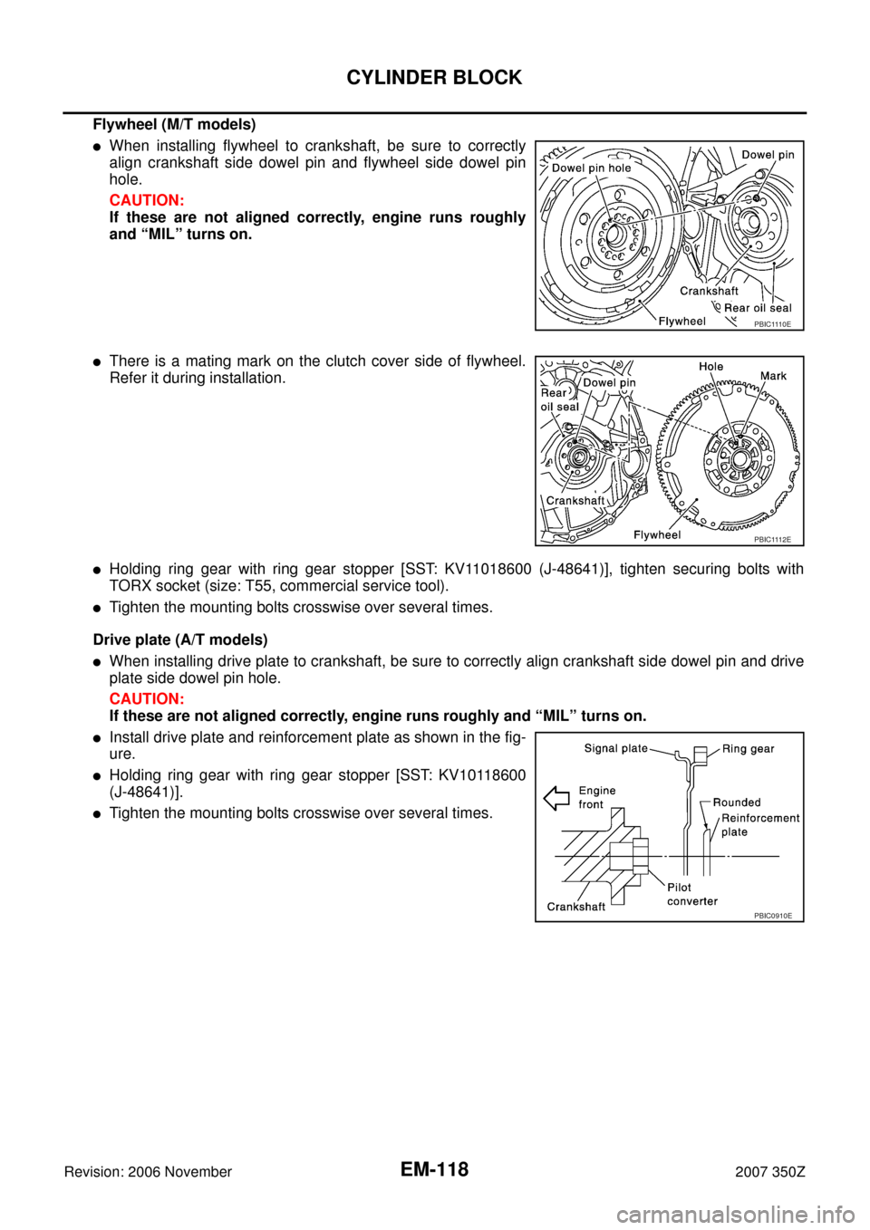 NISSAN 350Z 2007 Z33 Engine Mechanical Workshop Manual EM-118
CYLINDER BLOCK
Revision: 2006 November2007 350Z
Flywheel (M/T models)
When installing flywheel to crankshaft, be sure to correctly
align crankshaft side dowel pin and flywheel side dowel pin
h