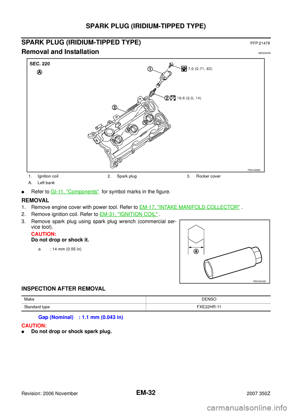 NISSAN 350Z 2007 Z33 Engine Mechanical Workshop Manual EM-32
SPARK PLUG (IRIDIUM-TIPPED TYPE)
Revision: 2006 November2007 350Z
SPARK PLUG (IRIDIUM-TIPPED TYPE)PFP:21478
Removal and InstallationNBS0000N
Refer to GI-11, "Components"  for symbol marks in th