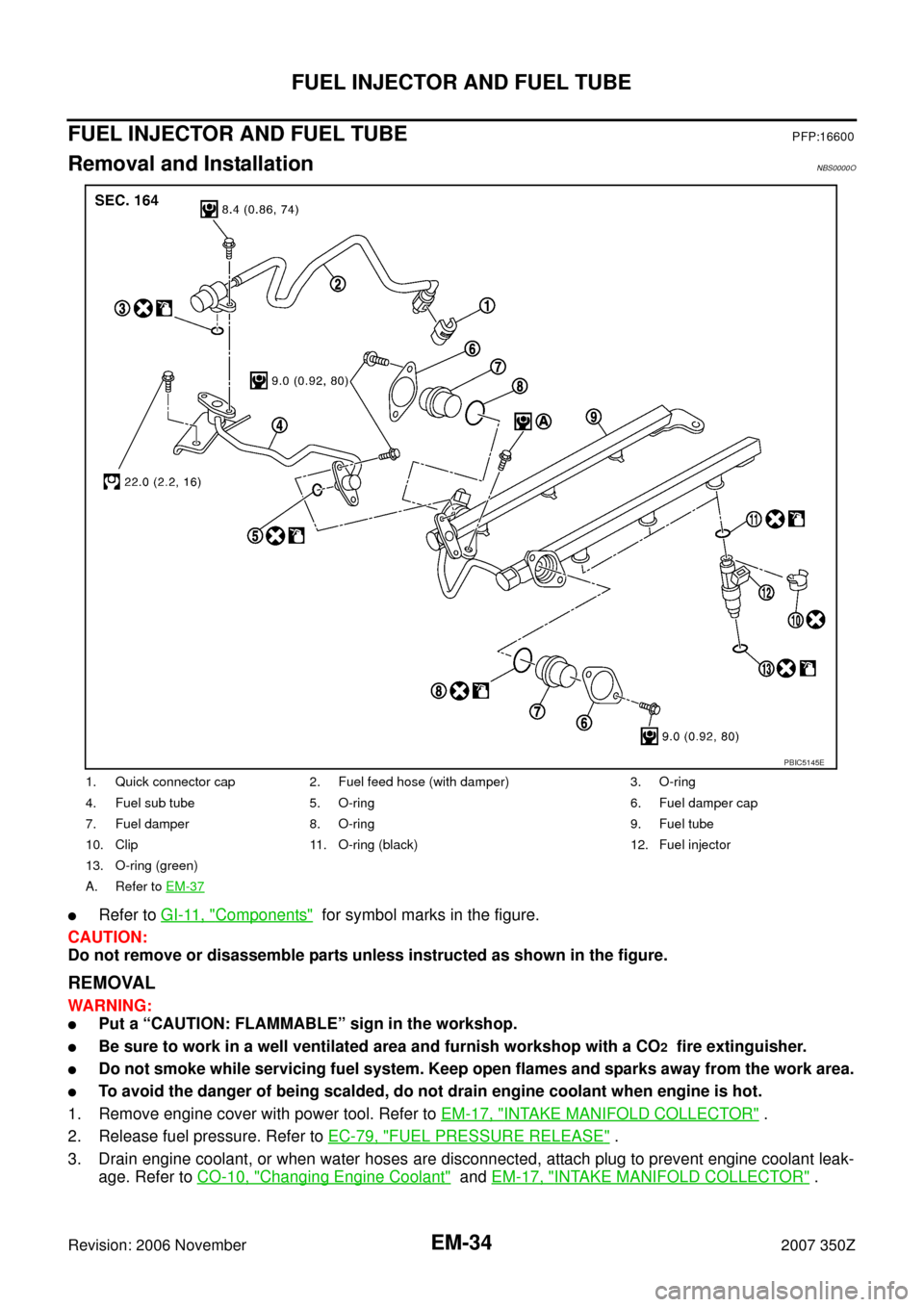 NISSAN 350Z 2007 Z33 Engine Mechanical Owners Guide EM-34
FUEL INJECTOR AND FUEL TUBE
Revision: 2006 November2007 350Z
FUEL INJECTOR AND FUEL TUBEPFP:16600
Removal and InstallationNBS0000O
Refer to GI-11, "Components"  for symbol marks in the figure.
