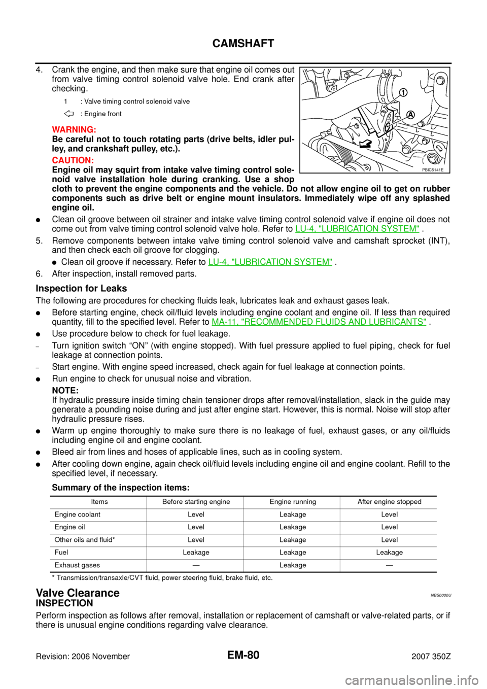 NISSAN 350Z 2007 Z33 Engine Mechanical Workshop Manual EM-80
CAMSHAFT
Revision: 2006 November2007 350Z
4. Crank the engine, and then make sure that engine oil comes out
from valve timing control solenoid valve hole. End crank after
checking.
WARNING:
Be c