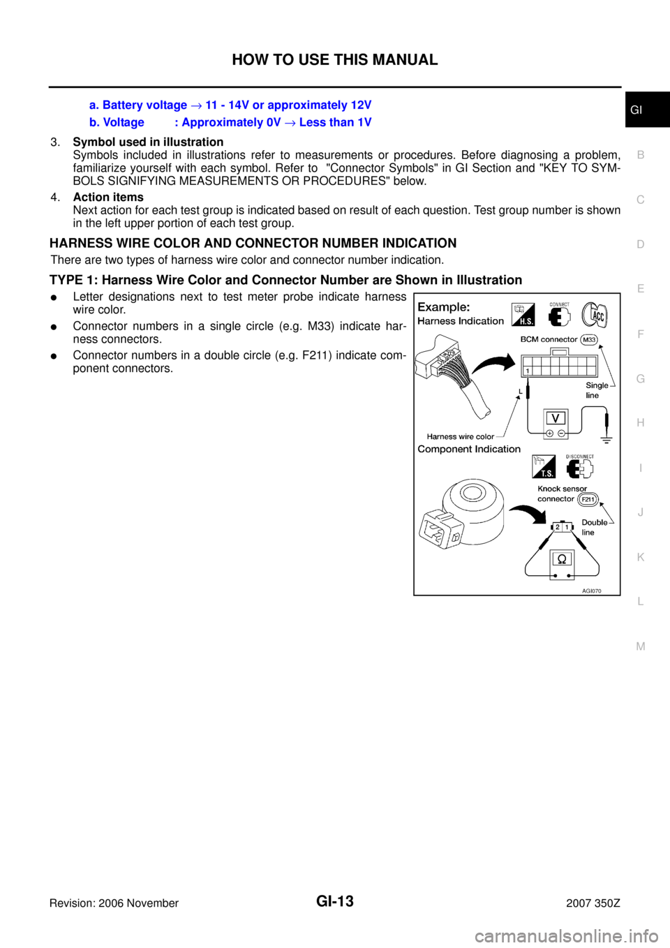 NISSAN 350Z 2007 Z33 General Information Workshop Manual HOW TO USE THIS MANUAL
GI-13
C
D
E
F
G
H
I
J
K
L
MB
GI
Revision: 2006 November2007 350Z
3.Symbol used in illustration
Symbols included in illustrations refer to measurements or procedures. Before diag