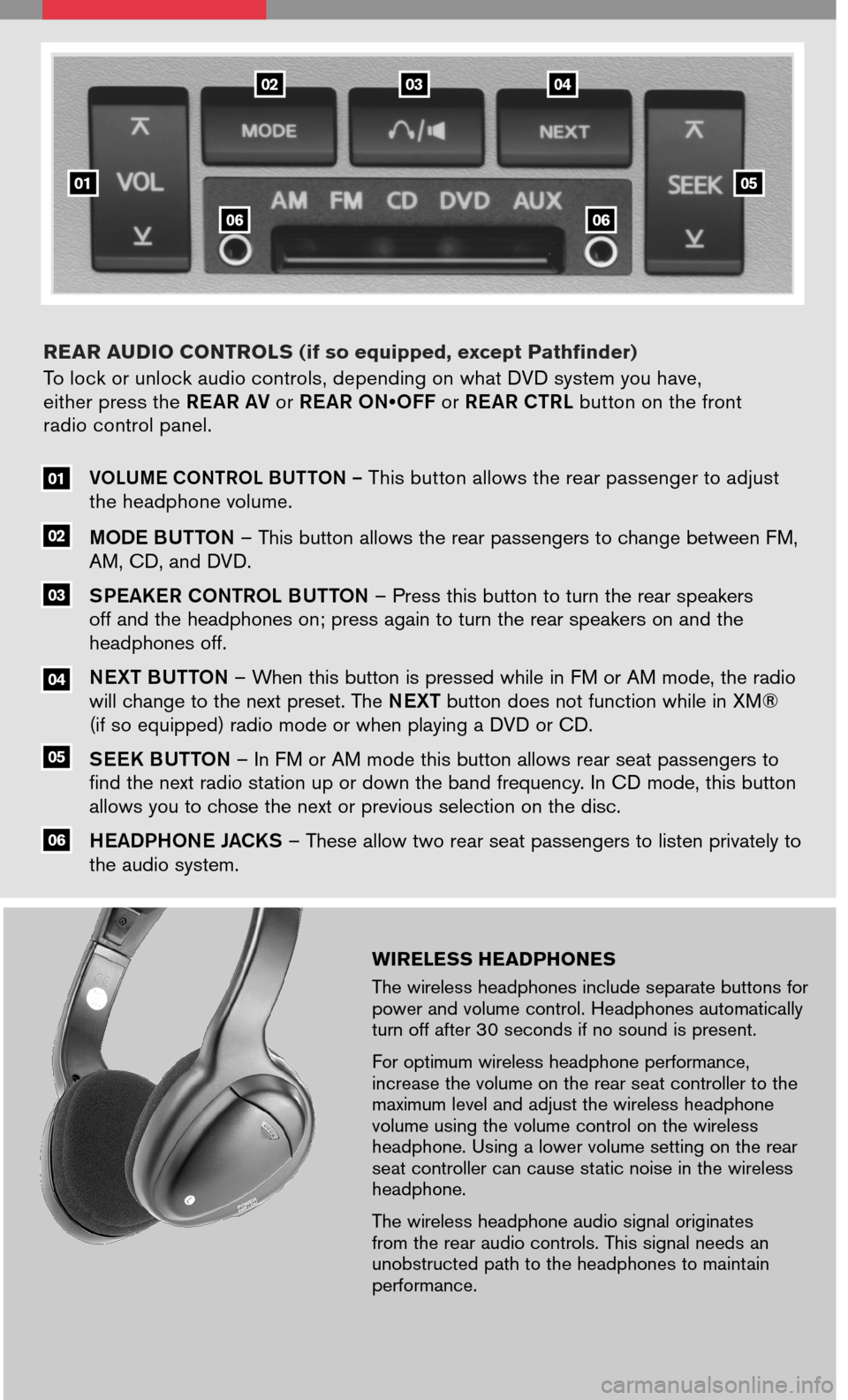 NISSAN ROGUE 2008 1.G Entertainment Syst 
WIRELESS HEADPHONES
The wireless headphones include separate buttons for power and volume control. Headphones automatically turn off after 30 seconds if no sound is present.
For optimum wireless head