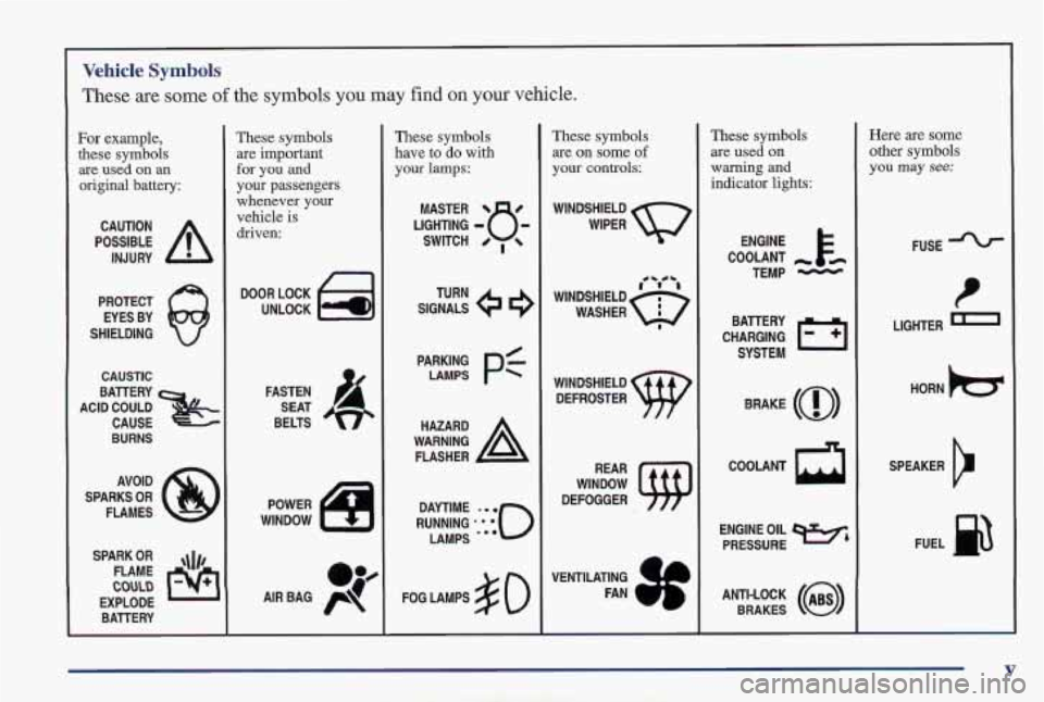 PONTIAC FIREBIRD 1997  Owners Manual Vehicle Symbols 
These  are some of the symbols you may find on your vehicle. 
For example, 
these symbols 
are used  on an 
original  battery: 
POSSIBLE A 
CAUTION 
INJURY 
PROTECT  EYES  BY 
SHIELDI