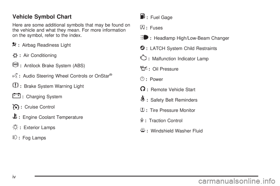 PONTIAC G3 2009  Owners Manual Vehicle Symbol Chart
Here are some additional symbols that may be found on
the vehicle and what they mean. For more information
on the symbol, refer to the index.
9:Airbag Readiness Light
#:Air Condit