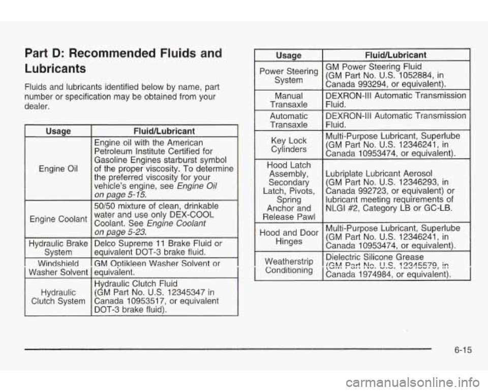 PONTIAC GRAND AM 2003  Owners Manual Part D: Recommended Fluids and 
Lubricants 
Fluids  and lubricants  identified below  by name, part 
number  or  specification  may be obtained from your 
dealer. 
Usage 
Engine  Oil  Fluid/Lubricant 