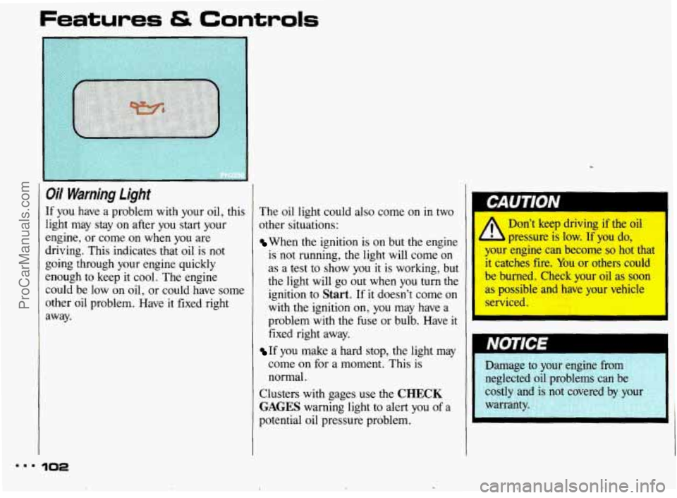 PONTIAC BONNEVILLE 1993  Owners Manual Features & Controls 
Oil Warning Light 
If you  have  a  problem  with  your  oil, this 
light  may  stay  on  after you 
start your 
engine,  or come  on 
when you are 
driving. This  indicates  that