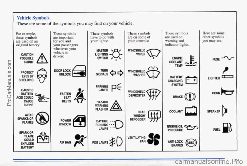 PONTIAC BONNEVILLE 1996  Owners Manual Vehicle  Symbols 
These are some of the symbols you may find on your vehicle. 
For  example, these  symbols  are  used  on 
an 
original battery: 
POSSIBLE A 
CAUTION 
INJURY 
PROTECT  EYES  BY 
SHIEL