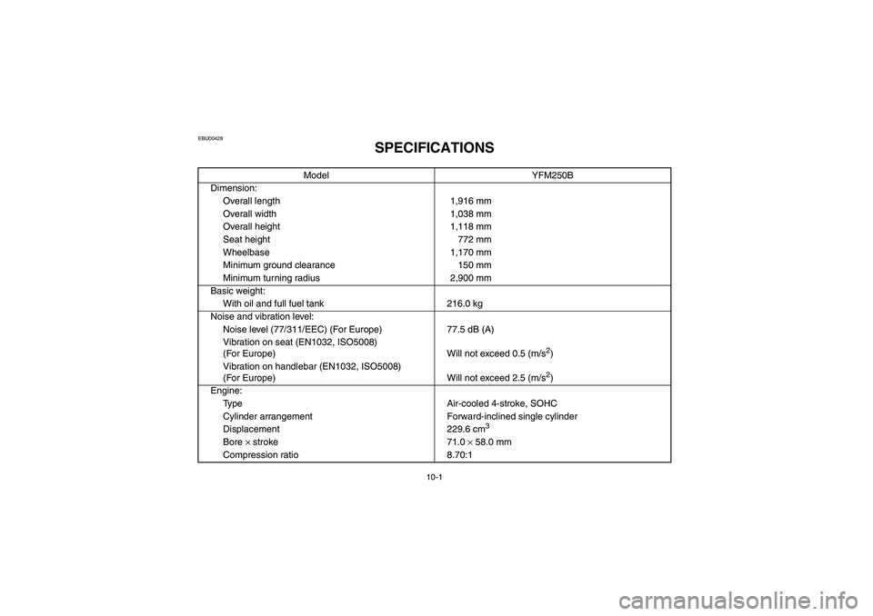 YAMAHA BRUIN 250 2005  Owners Manual 10-1
EBU00428
SPECIFICATIONS
Model YFM250B
Dimension:
Overall length 1,916 mm
Overall width 1,038 mm
Overall height 1,118 mm
Seat height 772 mm
Wheelbase 1,170 mm
Minimum ground clearance 150 mm
Minim