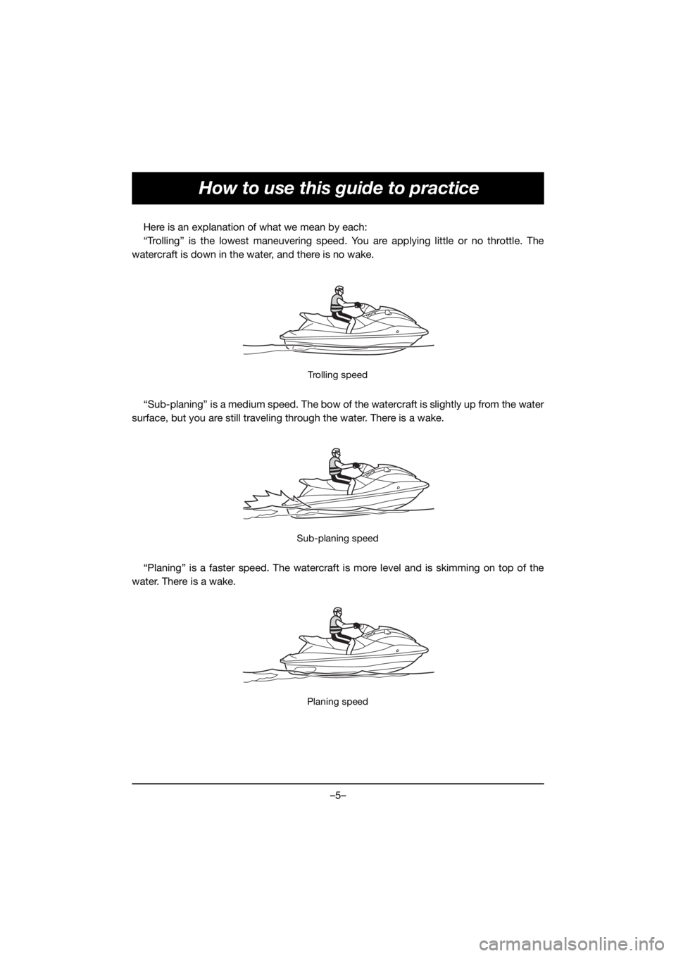 YAMAHA FJR1300 2020  Manuale de Empleo (in Spanish) –5–
How to use this guide to practice
Here is an explanation of what we mean by each:
“Trolling” is the lowest maneuvering speed. You are applying little or no throttle. The
watercraft is down