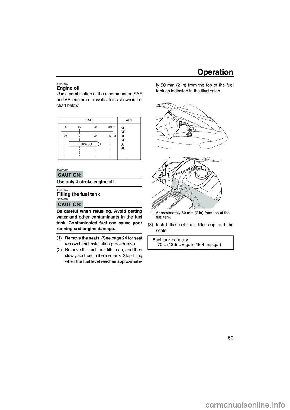 YAMAHA FX HO 2007  Owners Manual Operation
50
EJU31890Engine oil 
Use a combination of the recommended SAE
and API engine oil classifications shown in the
chart below.
CAUTION:
ECJ00280
Use only 4-stroke engine oil.
EJU31950Filling t