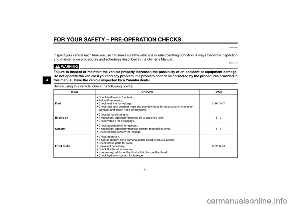 YAMAHA FZ8 N 2014  Owners Manual FOR YOUR SAFETY – PRE-OPERATION CHECKS
4-1
4
EAU15598
Inspect your vehicle each time you use it to make sure the vehicle is in safe operating condition. Always follow the inspection
and maintenance 