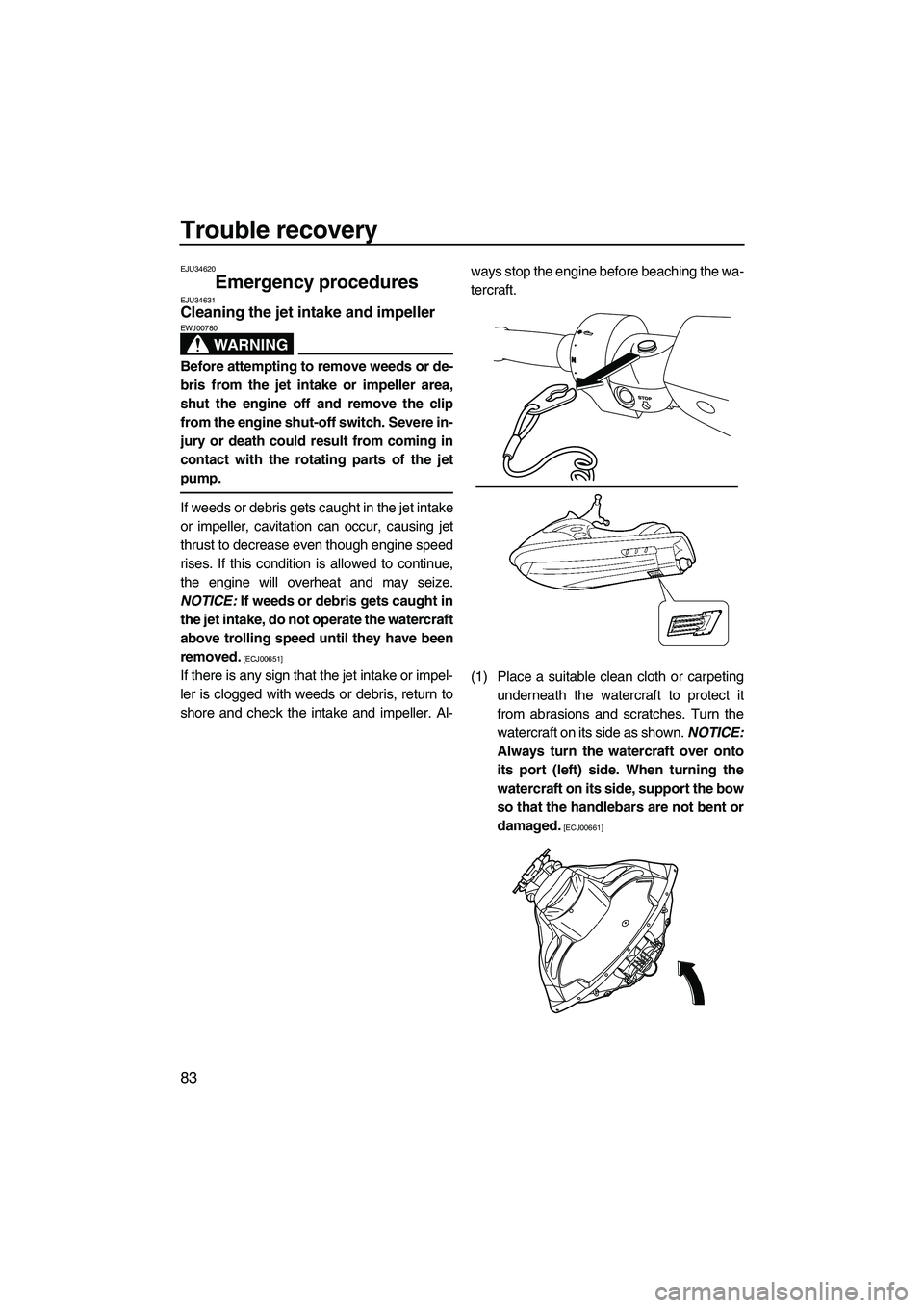 YAMAHA FZR 2009  Owners Manual Trouble recovery
83
EJU34620
Emergency procedures EJU34631Cleaning the jet intake and impeller 
WARNING
EWJ00780
Before attempting to remove weeds or de-
bris from the jet intake or impeller area,
shu