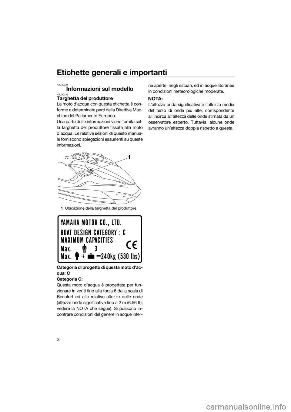 YAMAHA FZS 2015  Manuale duso (in Italian) Etichette generali e importanti
3
HJU30321
Informazioni sul modelloHJU30332Targhetta del produttore
La moto d’acqua con questa etichetta è con-
forme a determinate parti della Direttiva Mac-
chine 