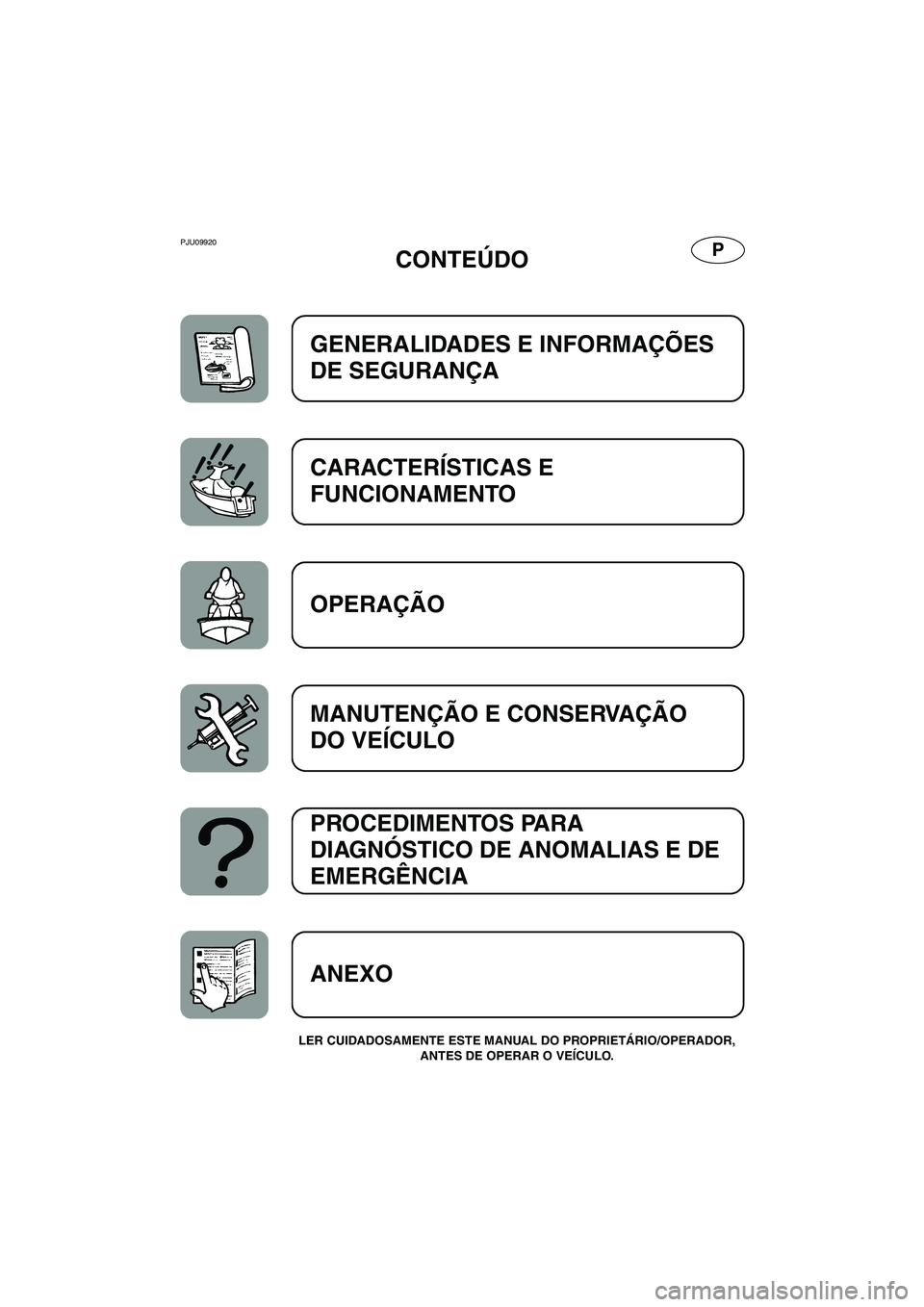 YAMAHA GP1300R 2005  Manual de utilização (in Portuguese) PPJU09920 
CONTEÚDO 
LER CUIDADOSAMENTE ESTE MANUAL DO PROPRIETÁRIO/OPERADOR, 
ANTES DE OPERAR O VEÍCULO. 
GENERALIDADES E INFORMAÇÕES 
DE SEGURANÇA 
CARACTERÍSTICAS E 
FUNCIONAMENTO 
OPERAÇÃ