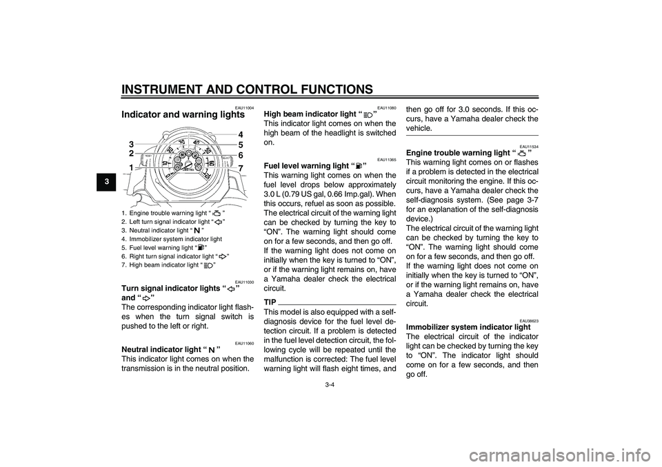 YAMAHA MT-01 2009  Owners Manual INSTRUMENT AND CONTROL FUNCTIONS
3-4
3
EAU11004
Indicator and warning lights 
EAU11030
Turn signal indicator lights“” 
and“” 
The corresponding indicator light flash-
es when the turn signal s