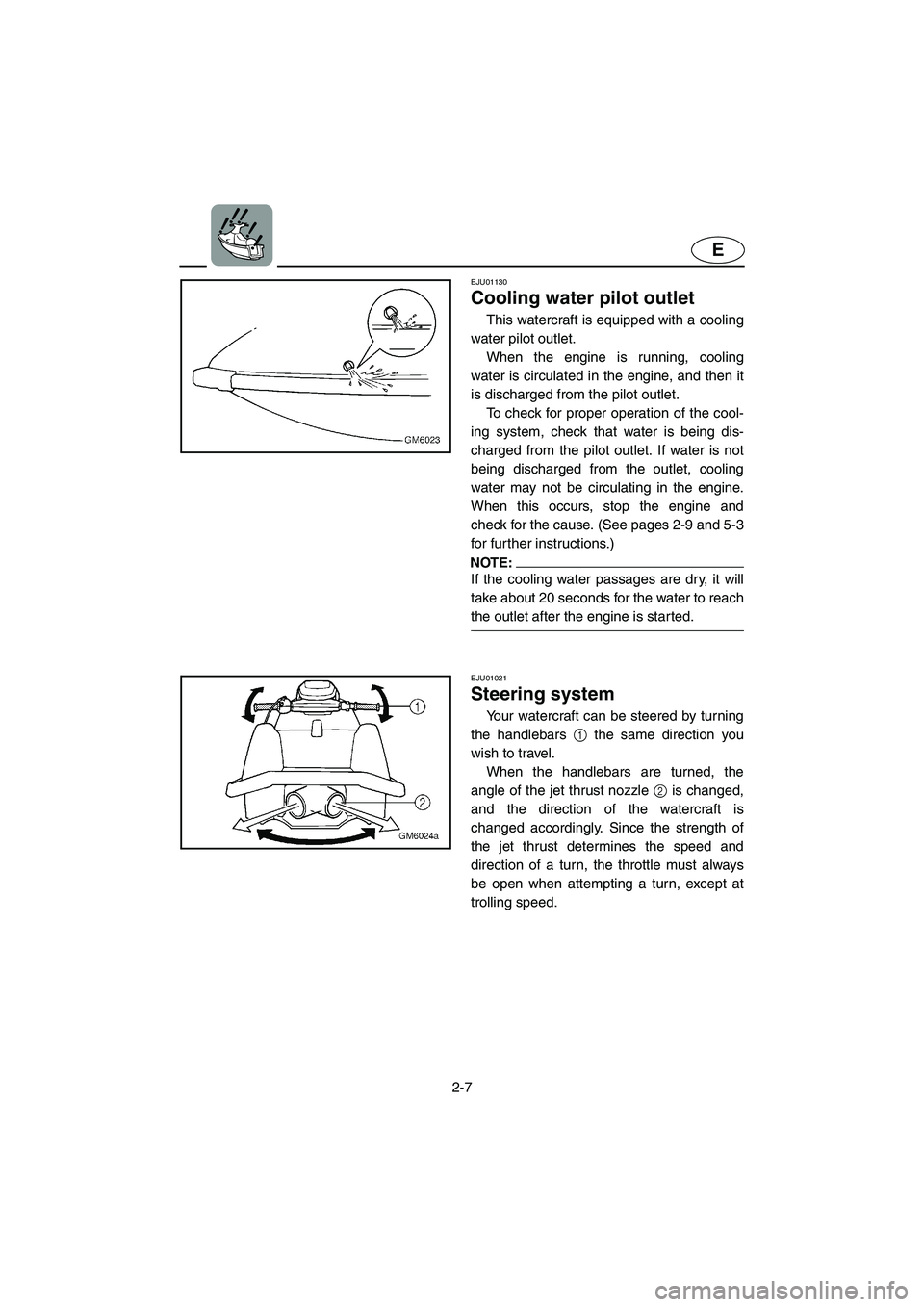 YAMAHA SUPERJET 2002  Owners Manual 2-7
E
EJU01130 
Cooling water pilot outlet  
This watercraft is equipped with a cooling
water pilot outlet. 
When the engine is running, cooling
water is circulated in the engine, and then it
is disch